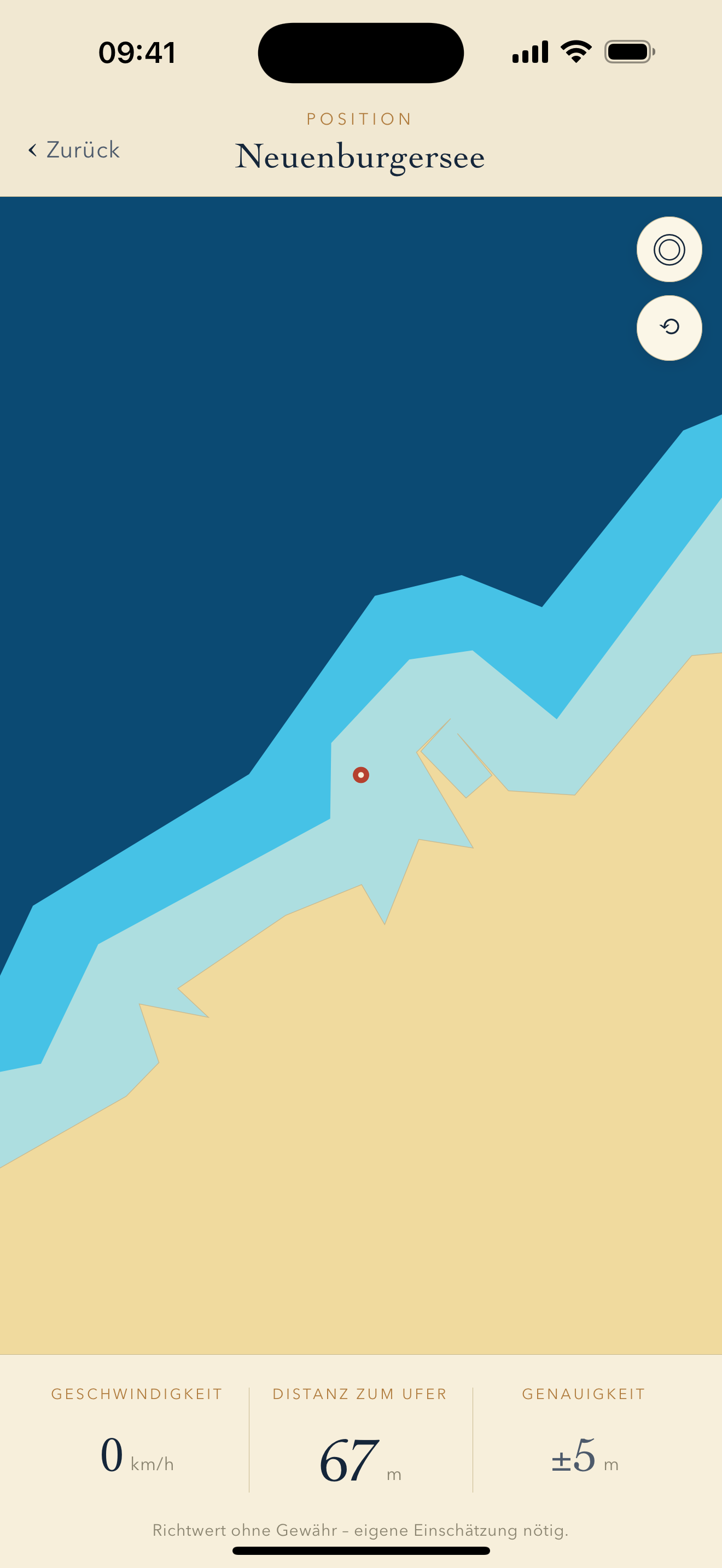 Uferzone — Live-Ansicht mit Position und Distanz zum Ufer